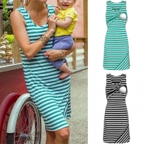 Fashion Sleeveless Round Neck Breastfeeding Striped Dress