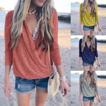 Sexy V-neck Long Sleeve Solid Color T-shirt 