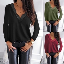 Sexy Lace Spliced V-neck Long Sleeve T-shirt