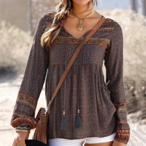 Bohemian Style Long Sleeve V-neck Printed Top