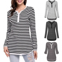 Fashion Long Sleeve V-neck Striped T-shirt