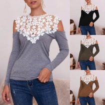 Sexy Off-shoulder Long Sleeve Lace Spliced T-shirt 