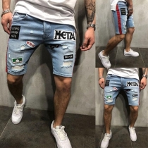 Fashion Embroidery Spliced Ripped Man's Knee-length Denim Shorts