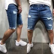 Fashion Middle-waist Ripped Man's Knee-length Denim Shorts