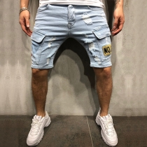 Fashion Embroidery Spliced Side-pocket Man's Knee-length Denim Shorts