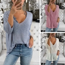 Fashion Solid Color Long Sleeve V-neck Knit Top
