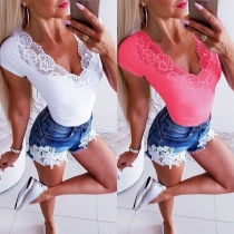 Sexy Lace Spliced V-neck Short Sleeve Slim Fit T-shirt
