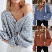 Fashion Solid Color Long Sleeve V-neck Knit Cardigan