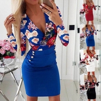 Sexy V-neck Long Sleeve Slim Fit Printed Dress