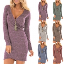 Sexy V-neck Long Sleeve Solid Color Slim Fit Dress