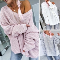 Sexy Oblique Shoulder Long Sleeve Solid Color Loose Knit Top