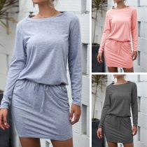Fashion Solid Color Long Sleeve Dress  with Belt strip