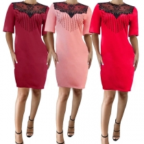 Fashion Short Sleeve Round Neck Lace Spliced Dress