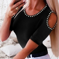 Sexy Hollow Out Short Sleeve Round Neck Beaded T-shirt
