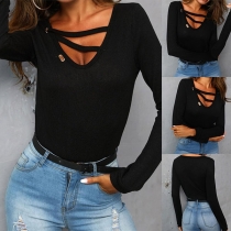 Fashion Solid Color Long Sleeve V-neck T-shirt 