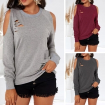 Fashion Solid Color Long Sleeve Round Neck Hollow Out T-shirt 