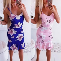 Sexy Backless V-neck Ruffle Hem Sling Printed Dress