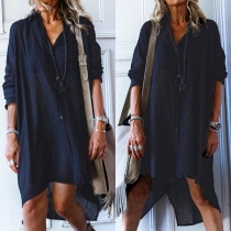 Fashion Long Sleeve POLO Collar High-low Hem Loose Dress