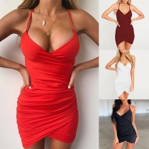 Sexy Backless V-neck Irregular Hem Sling Tight Dress