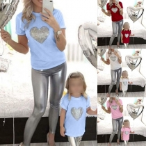 Fashion Heart Printed Short Sleeve Parent-child T-shirt 