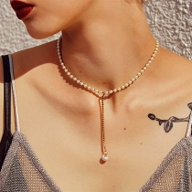 Fashion Rhinestone Inlaid Tassel Pendant Imitation Pearl Necklace 