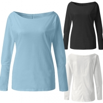 Fashion Solid Color Long Sleeve Oblique Shoulder T-shirt 