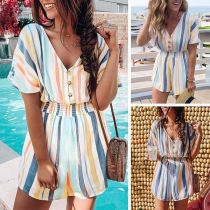 Fashion Short Sleeve V-neck High Waist Striped Romper 