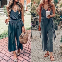 Sexy V-neck High Waist Solid Color Sling Jumpsuit 