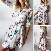 Fashion Long Sleeve POLO Collar Printed Shirt Dress
