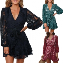 Sexy Deep V-neck Long Sleeve Gauze Spliced Dress