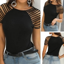 Sexy Hollow  Out Short Sleeve Round Neck Slim Fit T-shirt 