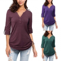 Fashion Solid Color Long Sleeve V-neck T-shirt 
