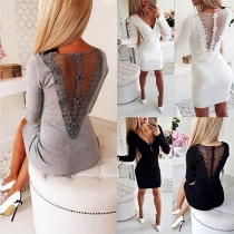 Sexy Gauze Spliced Backless V-neck Long Sleeve Dress