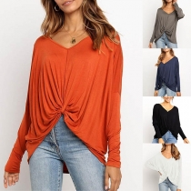Fashion Long Sleeve V-neck Twisted Hem T-shirt 