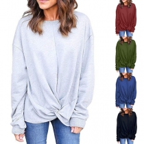 Fashion Solid Color Round Neck Twisted Hem Sweatshirt 