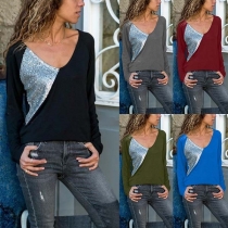 Fashion Long Sleeve V-neck Sequin Spliced T-shirt 