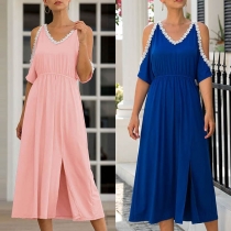 Sexy Off-shoulder Short Sleeve V-neck Slit Hem Dress