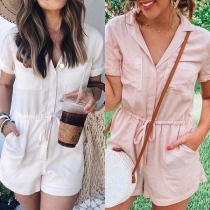 Fashion Solid Color Short Sleeve POLO Collar Drawstring Waist Romper 