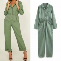 Fashion Long Sleeve POLO Collar High Waist Jumpsuit 