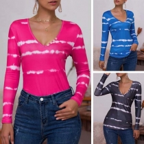 Fashion Long Sleeve V-neck Tie-dye Printed T-shirt 