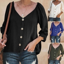 Fashion Solid Color Long Sleeve V-neck Single-breasted Top 