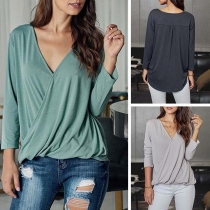 Fashion Solid Color Long Sleeve V-neck High-low Hem Top 