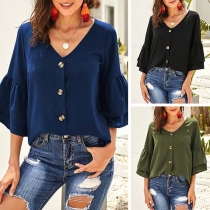 Sweet Style Lotus Sleeve V-neck Solid Color Blouse 