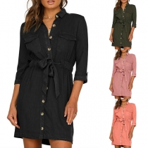 Fashion Solid Color 3/4 Sleeve POLO Collar Shirt Dress