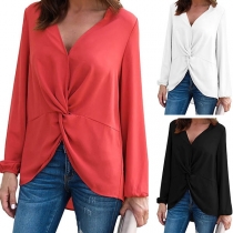 Sexy V-neck Long Sleeve Solid Color Twisted Top 