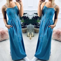 Sexy Backless Single-breasted High Waist Sling Denim Dress
