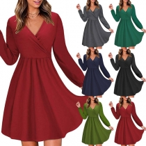Sexy V-neck Long Sleeve Solid Color Dress