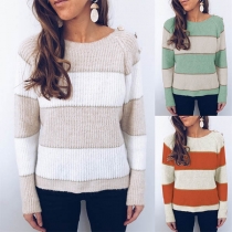 Fashion Contrast Color Long Sleeve Round Neck Sweater 