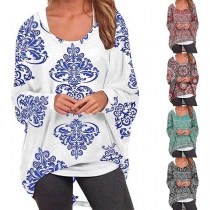 Fashion Dolman Sleeve Round Neck High-low Hem Printed Top 
