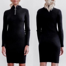 Fashion Solid Color Long Sleeve Stand Collar Knit Dress